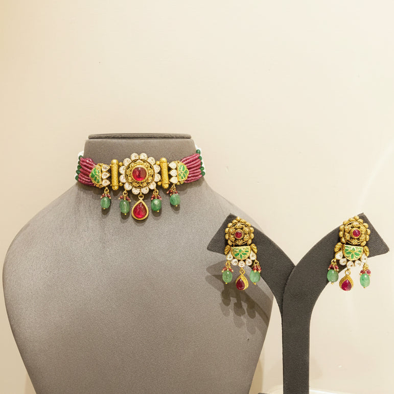 Antique Nakshi Floral Brooch & Green Meenakari Choker