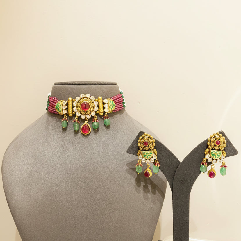 Antique Nakshi Floral Brooch & Green Meenakari Choker