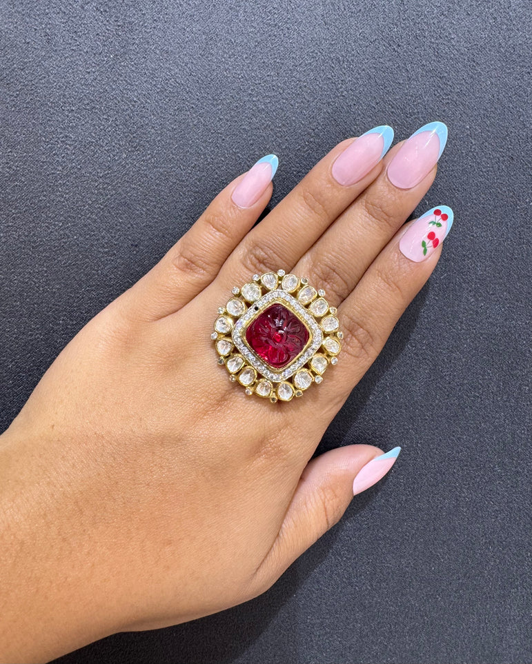 RED STONE POLKI RING