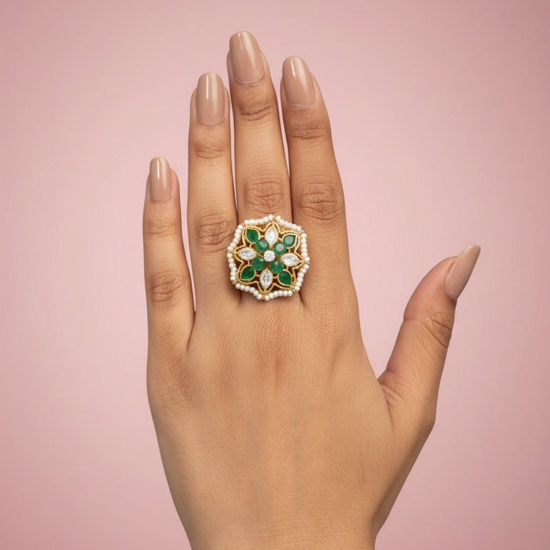 Emerald Green Floral Polki Ring