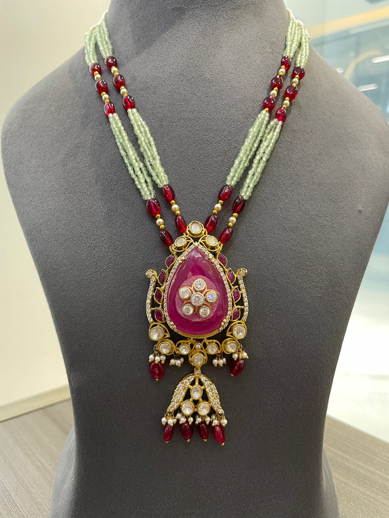 ROYAL PURE SILVER PINK PENDANT WITH GREEN AND PINK MALA