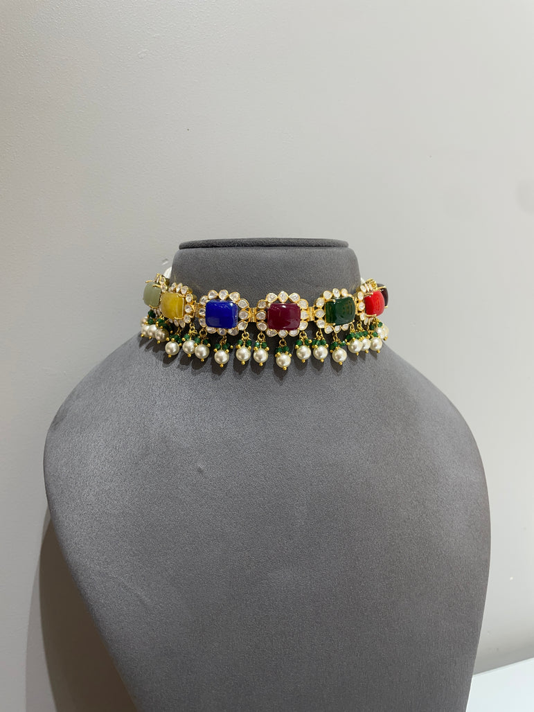 Navratna Cushion-Cut Moissanite Polki Choker