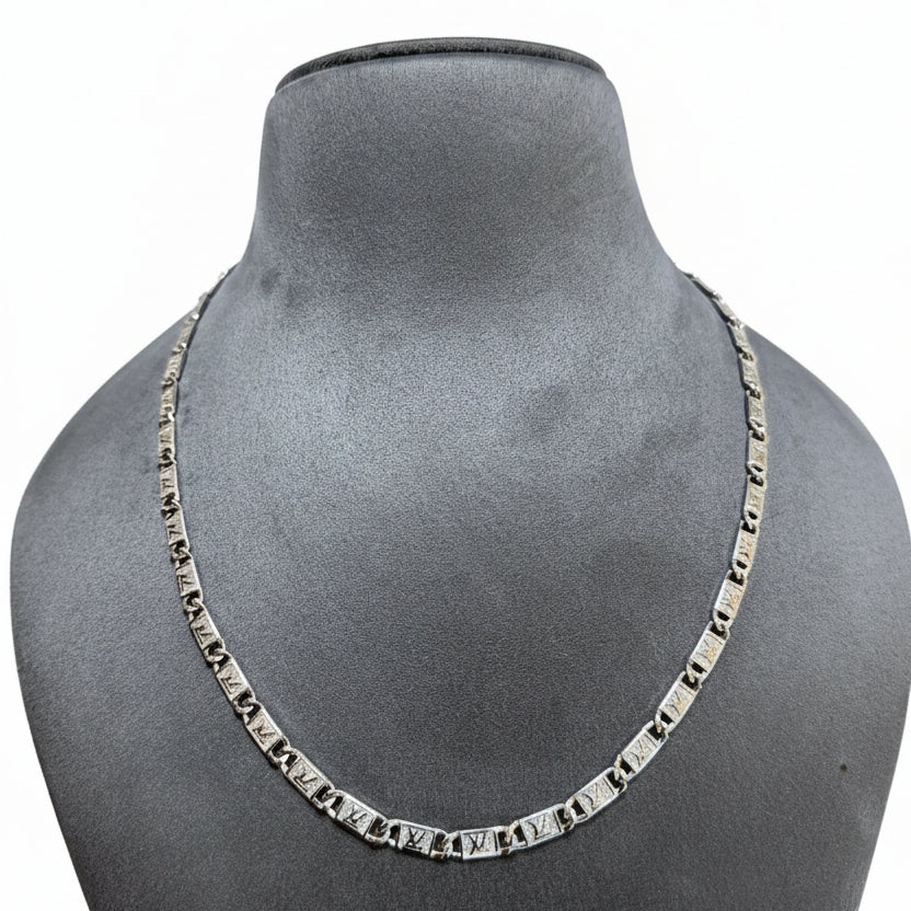 Silver LV-Inspired Pattern Block Link Men's Chain