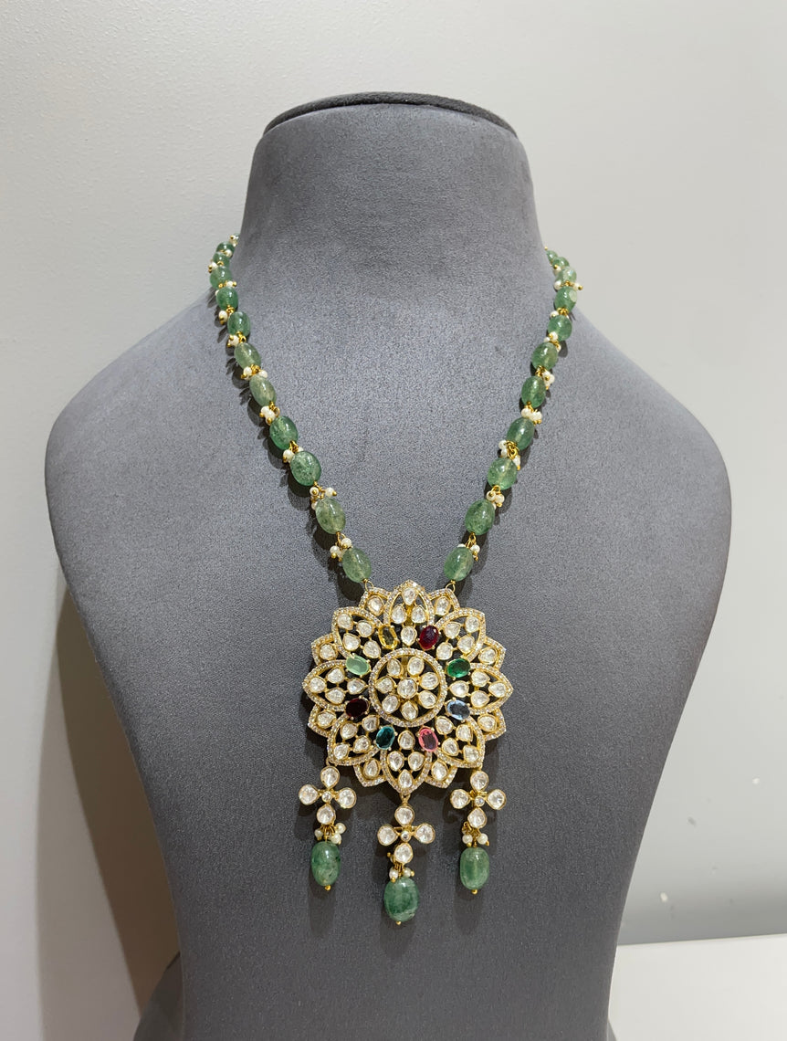 925 Silver Floral Navrattan & Polki Pendant