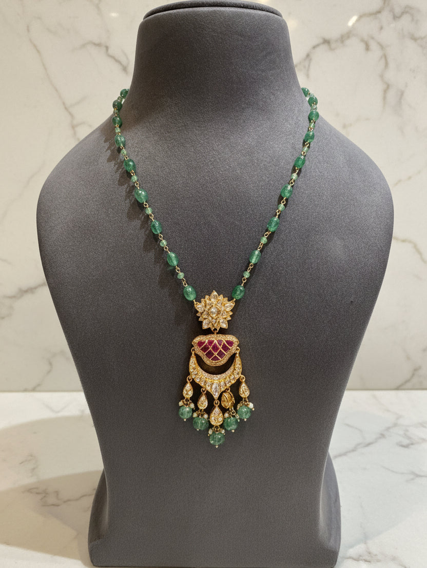 Royal Floral Rosette & Crescent Polki Pendant Set