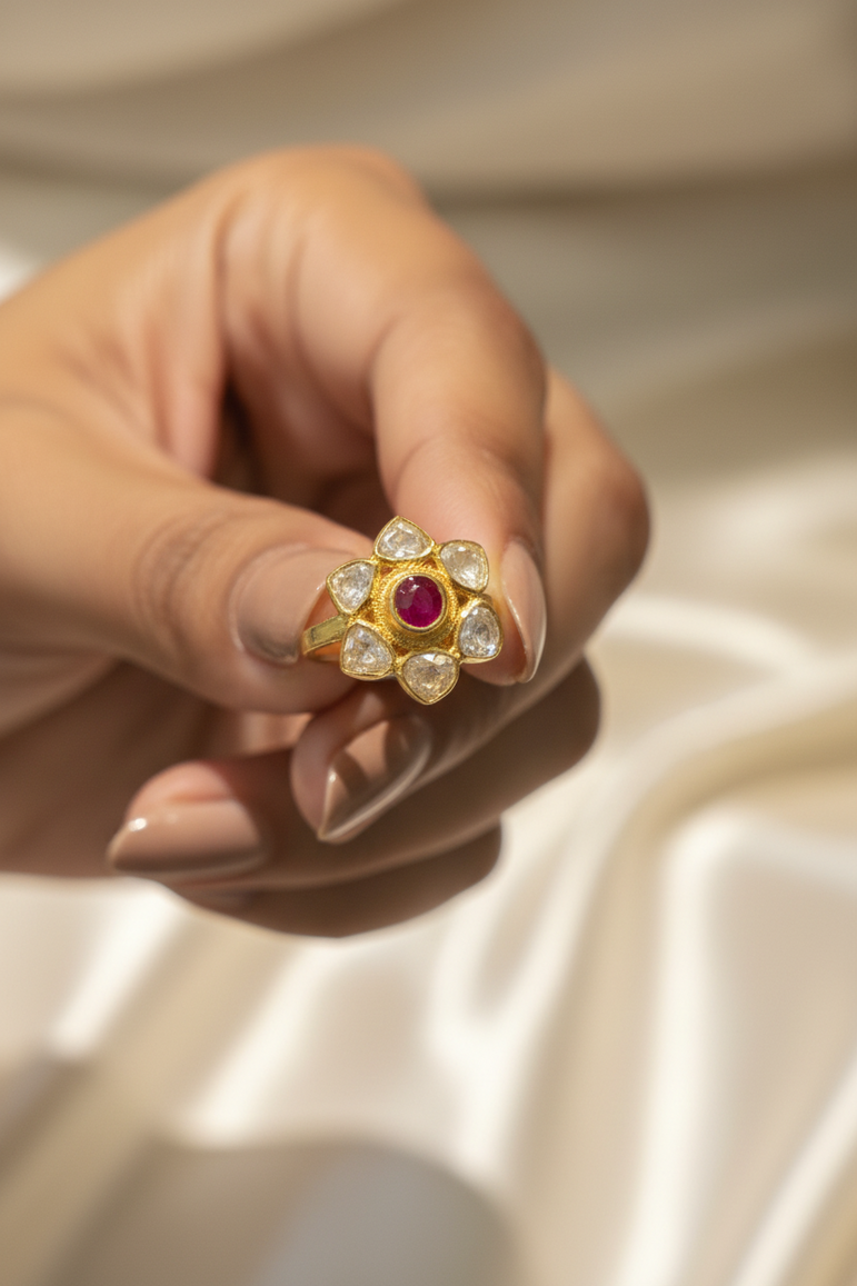 Ruby Center Floral Moissanite Polki Ring