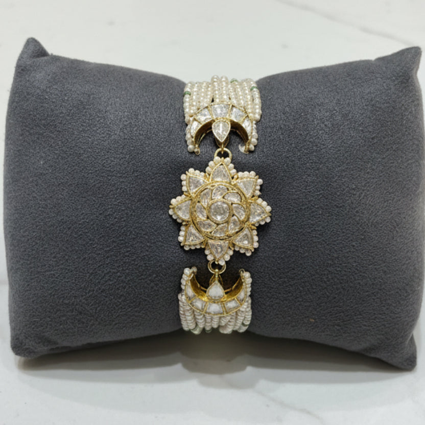 Floral Starburst & Crescent Moissanite Polki Multi-Strand Pearl Bracelet