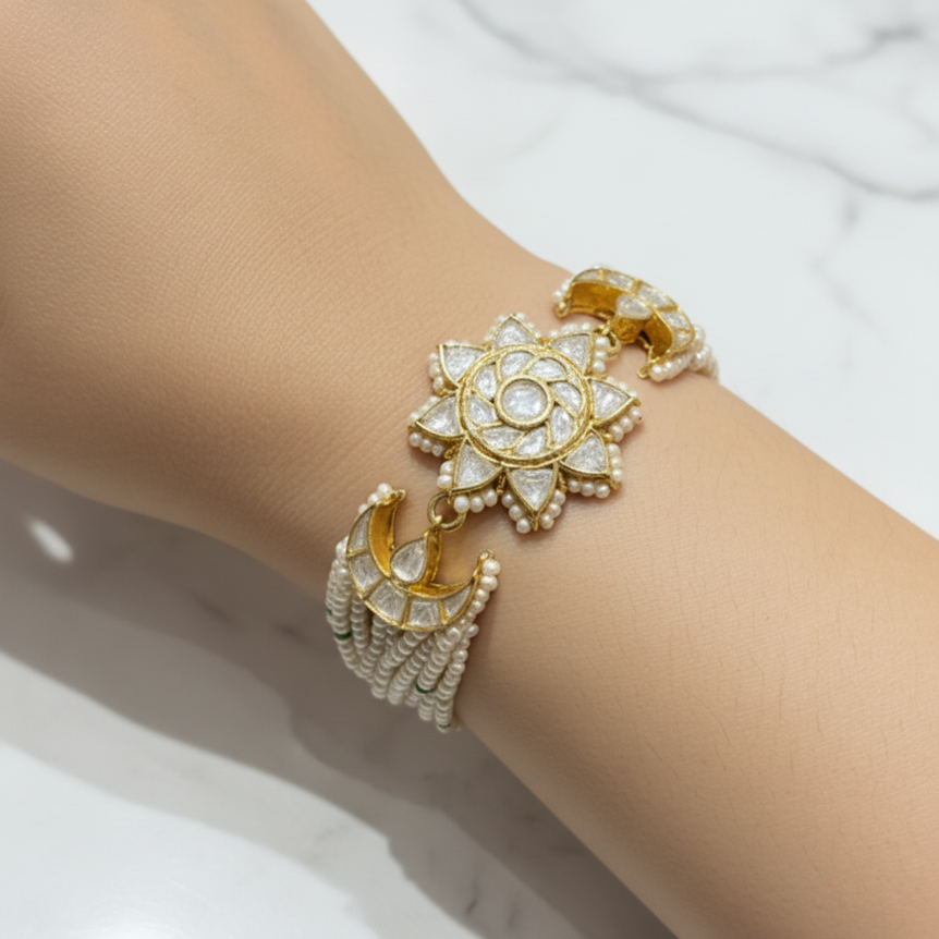Floral Starburst & Crescent Moissanite Polki Multi-Strand Pearl Bracelet