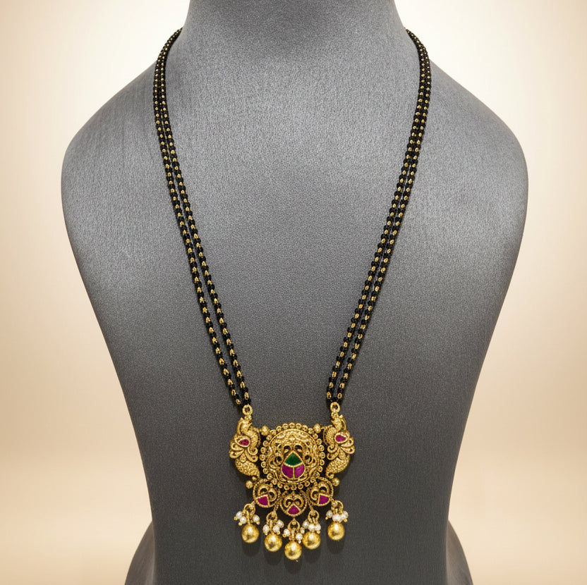 Antique Gold Sculpted Peacock Mangalsutra Pendant Set