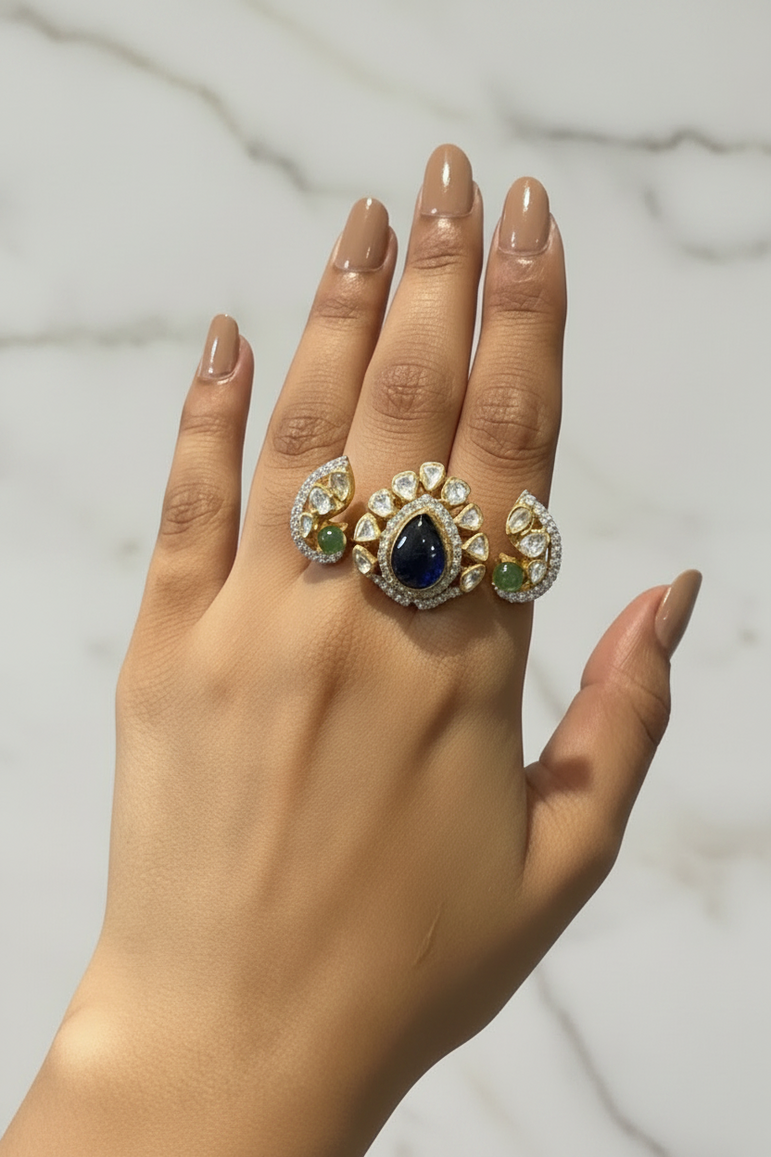 Royal Peacock Motif Carved Dual-Finger Polki Ring