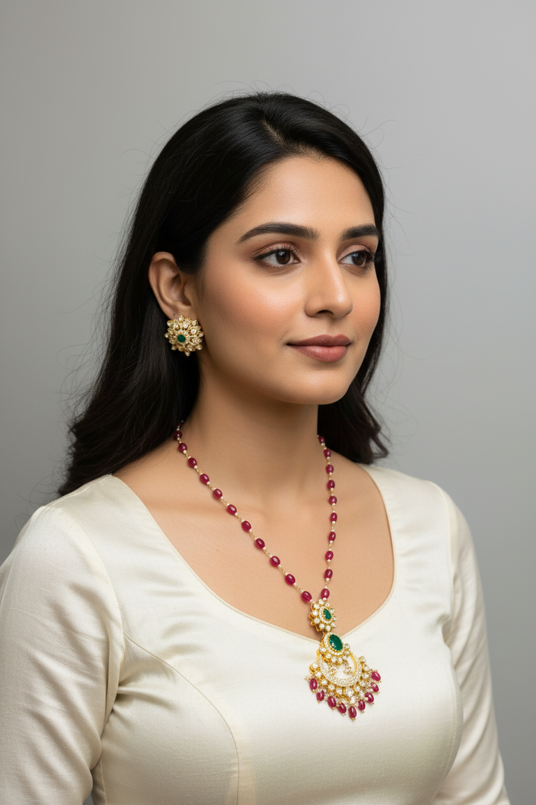 Heritage Chaandbali Emerald Moissanite Polki Pendant Set
