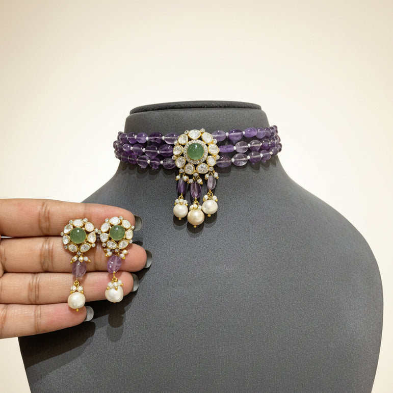 Amethyst Strand with Emerald-Core Polki Choker