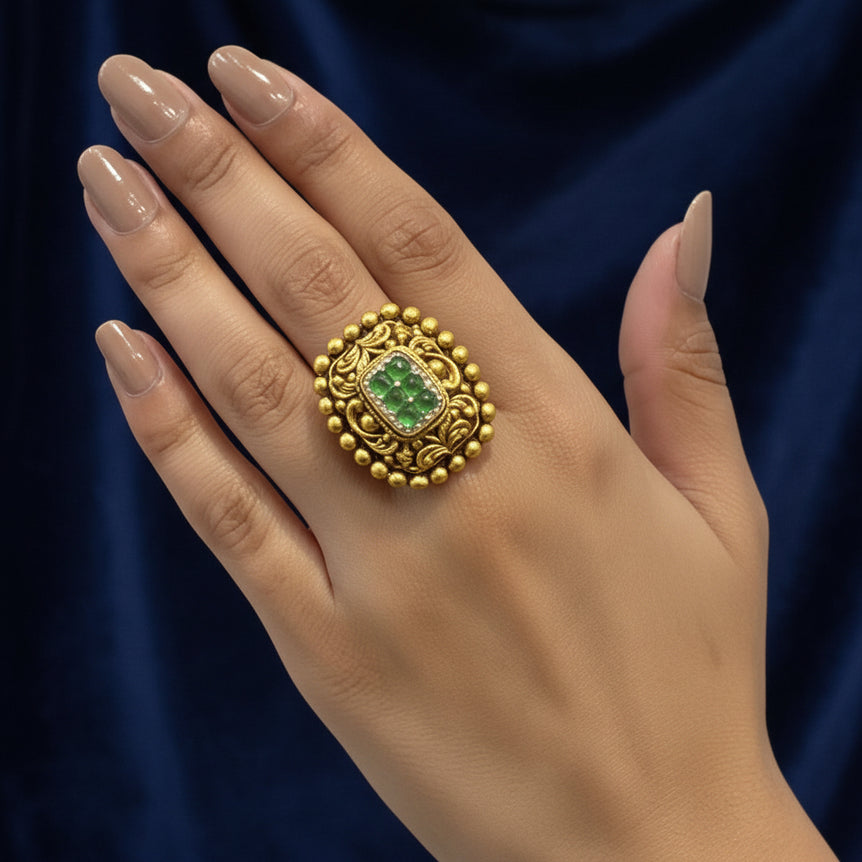 Nakshi Border Emerald Green Gold Look Statement Ring