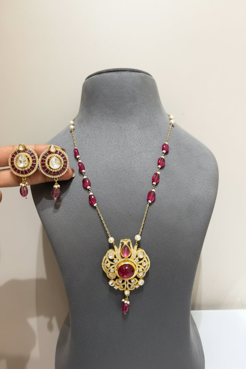 Heritage Ruby Crimson Floral Crest Pendant Set