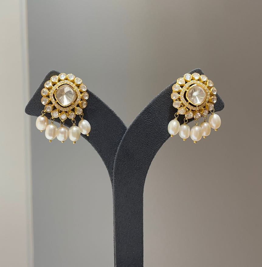 925 Silver Polki & Pearls Earring