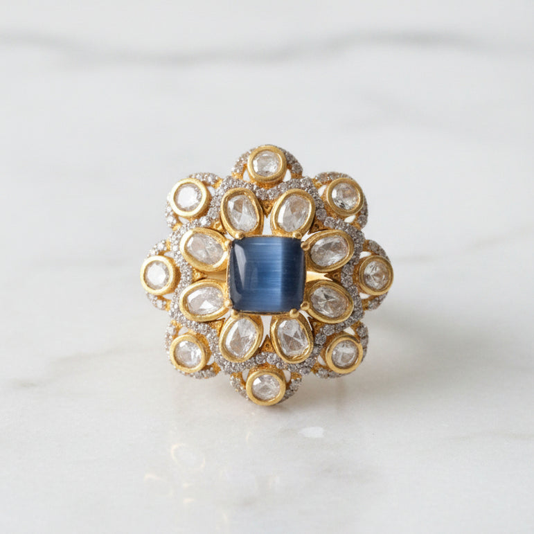 Cushion Blue Gemstone & Moissanite Polki Cocktail Ring