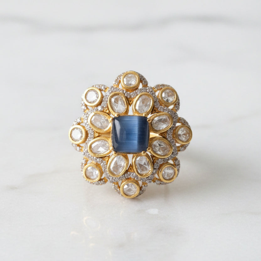 Cushion Blue Gemstone & Moissanite Polki Cocktail Ring