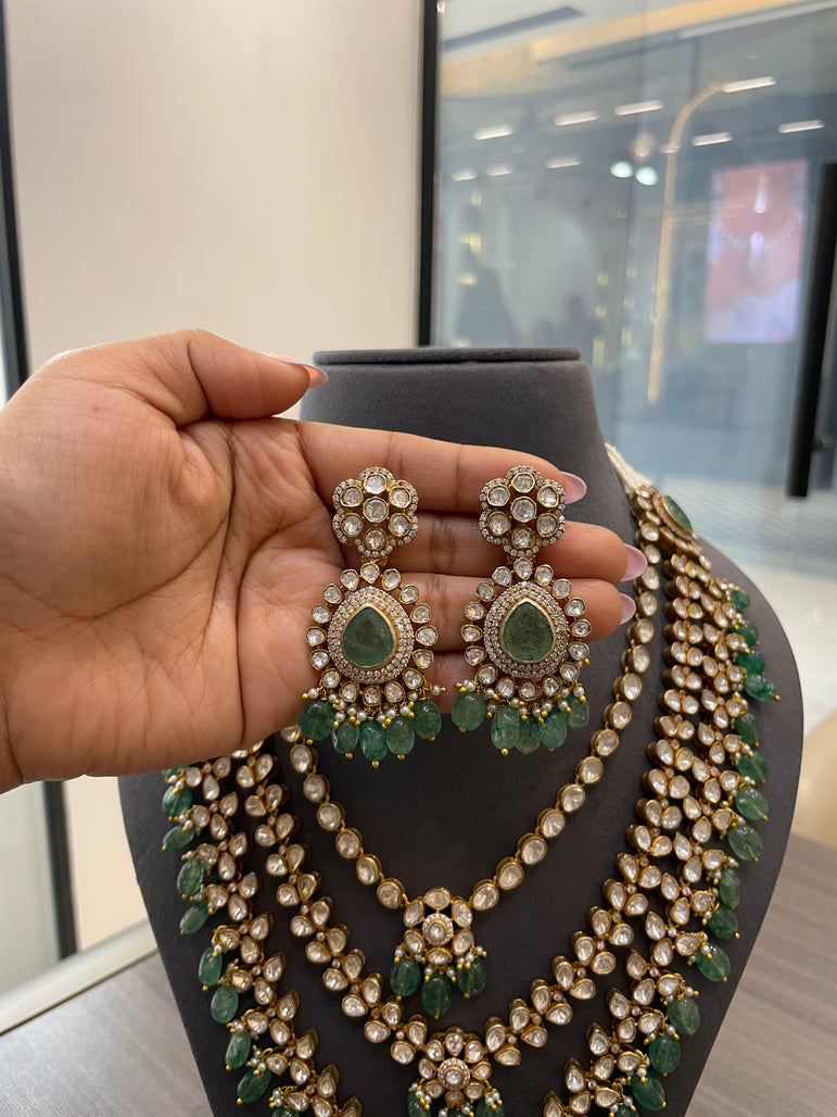 925 Silver Nirvaya Polki Emerald Triple Line Bridal Set