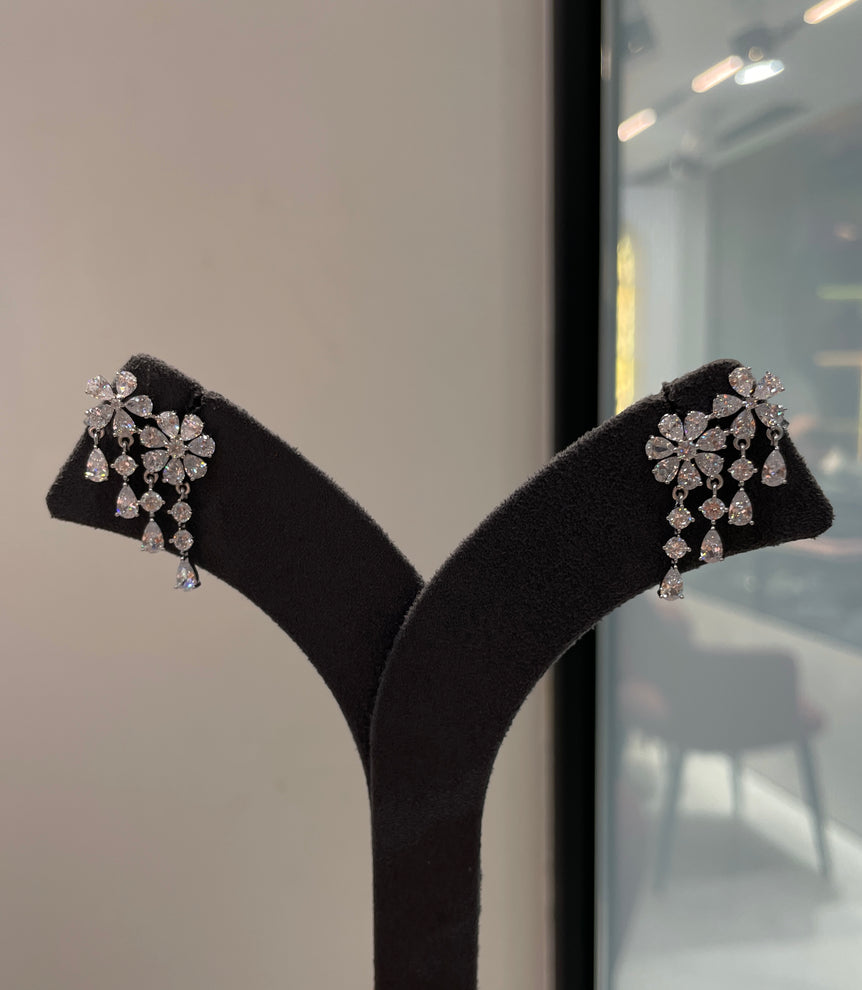925 Silver Earcup Style Floral Diamond Look Earrings