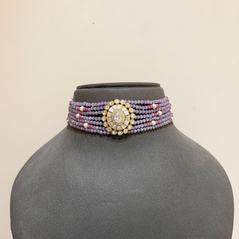 Lavender Bead with Mother-of-Pearl Polki Medallion Choker