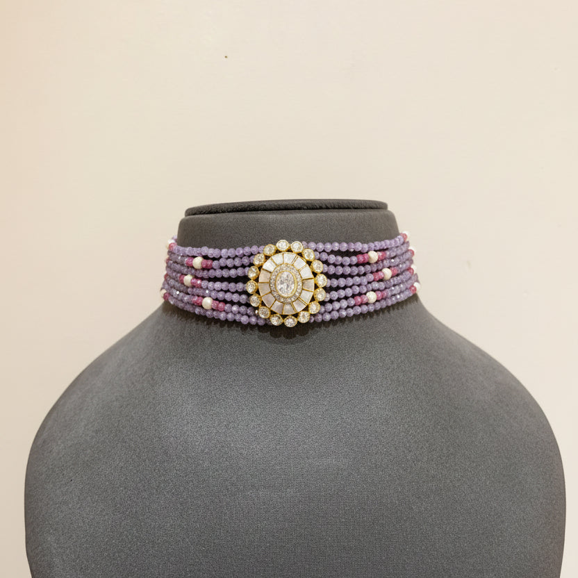 Lavender Bead with Mother-of-Pearl Polki Medallion Choker