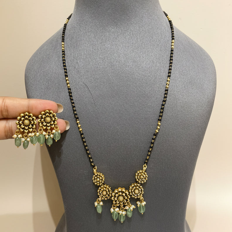 Heritage Sculpted Floral Cluster Black Bead Mangalsutra Pendant Set