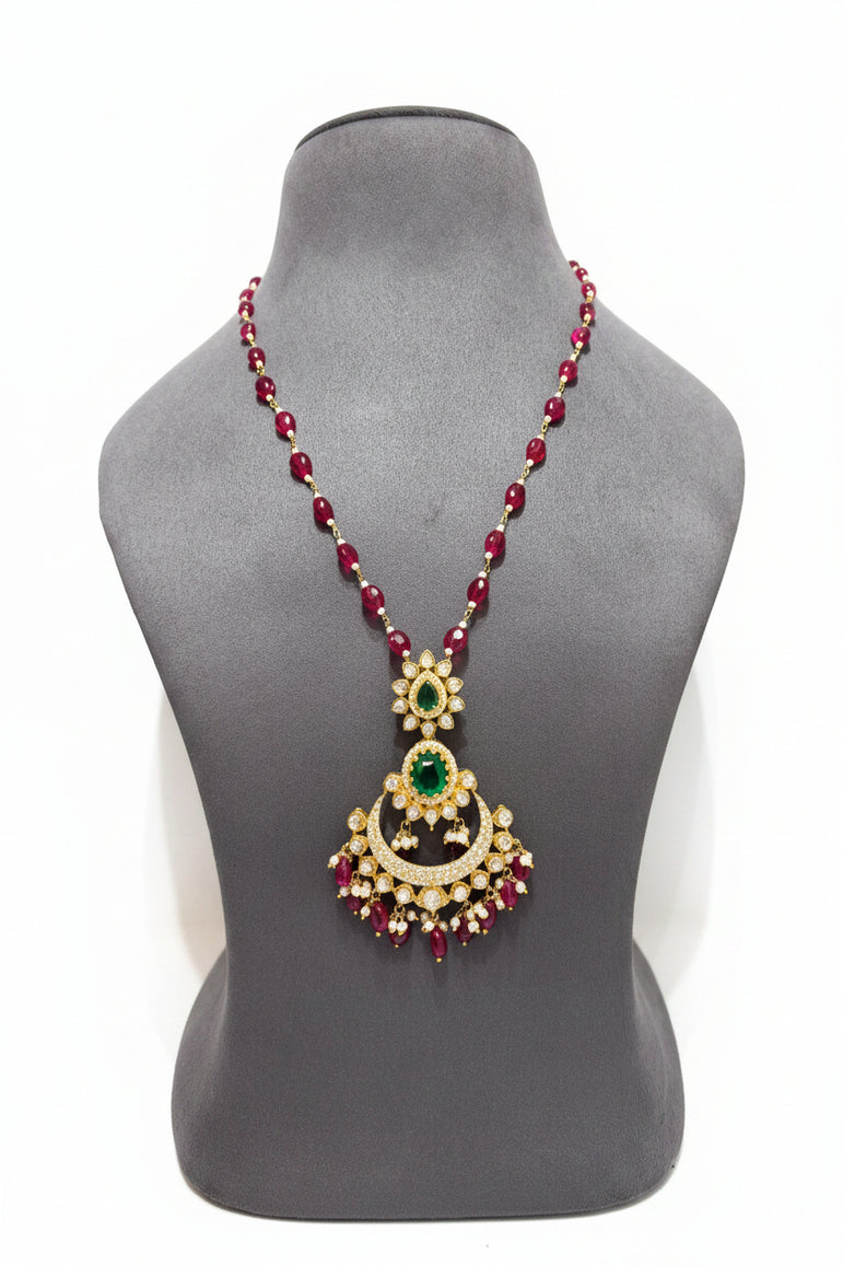 Heritage Chaandbali Emerald Moissanite Polki Pendant Set