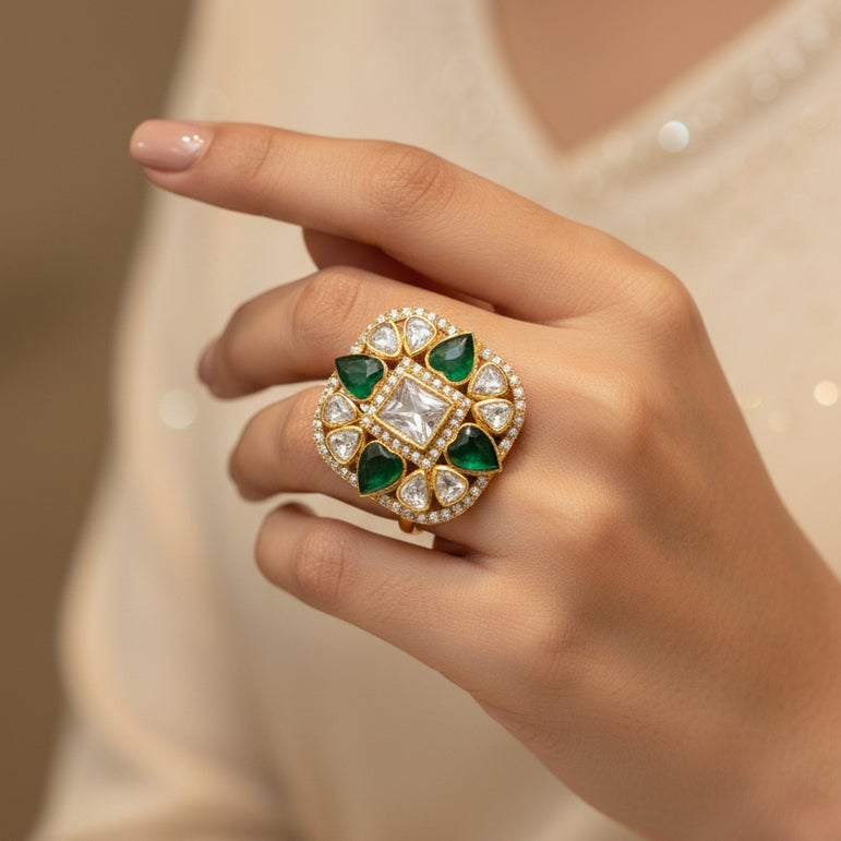 Square Floral Emerald Moissanite Polki Medallion Ring