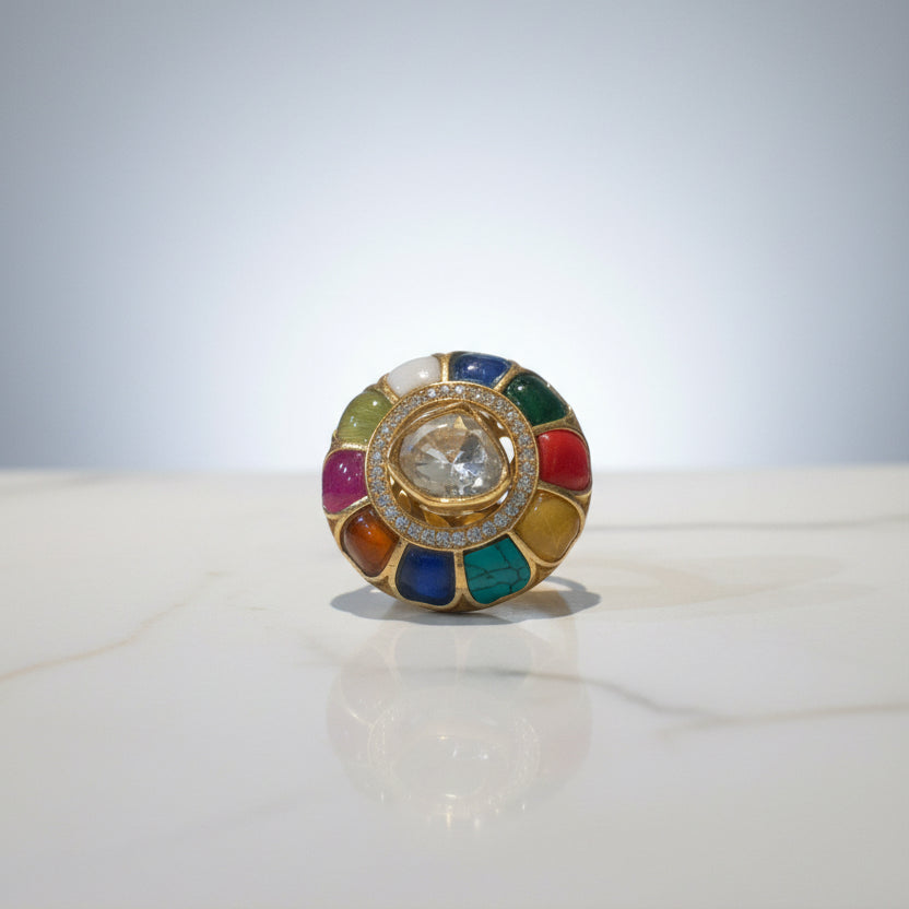 Navratna Gemstone & Moissanite Polki Statement Ring