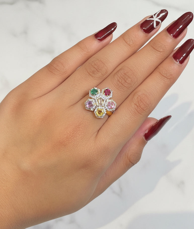 Rainbow Bloom Statement Moissanite Diamond Cocktail Ring
