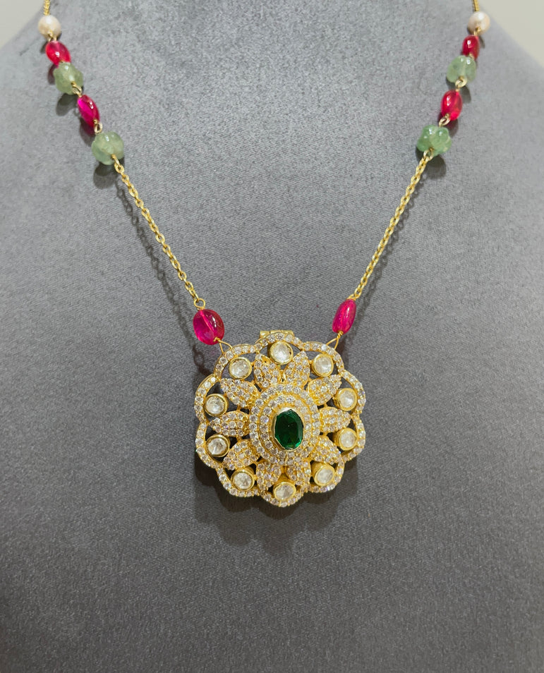 925 Silver Traditional  Flower Polki Pendant