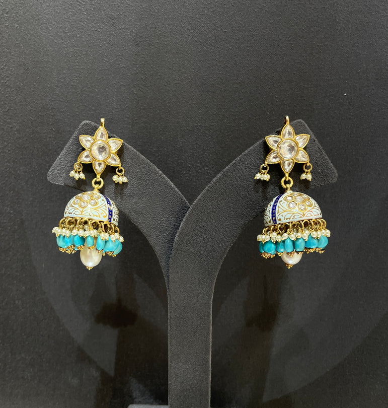 925 Silver Tarquoise Enamel Polki Jhumka Earrings