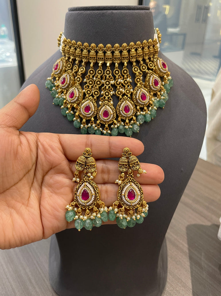 925 Silver Anarkali Heavy Antique  Gold Look Bridal Choker Set