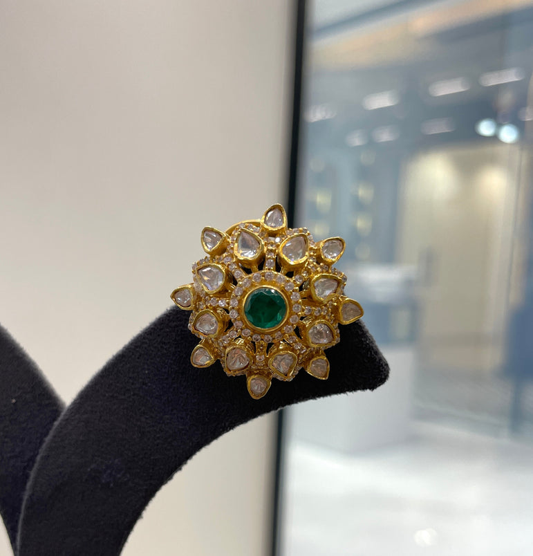 925 Silver Emerald Floral Polki Earrings
