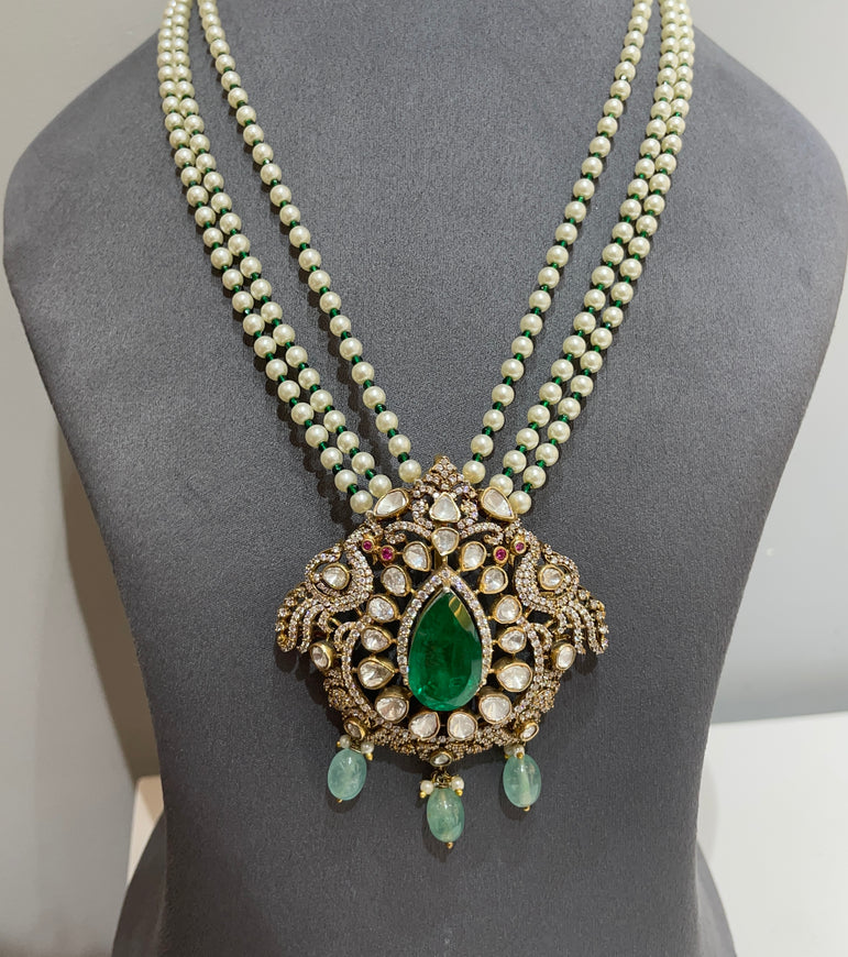 Double Layer Pearl  with Royal Emerald-Green Teardrop Polki Pendant