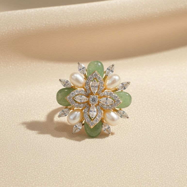 Royal Floral CZ, Pearl & Light Green Aventurine Cocktail Diamond Look Ring