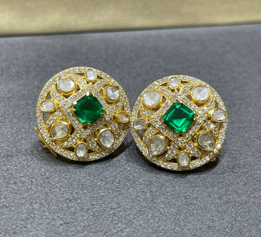 925 Silver Princess Cut Green Stone Polki Earrings