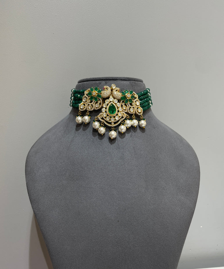 925 Silver Emerald Pearl Peacock  Polki Choker