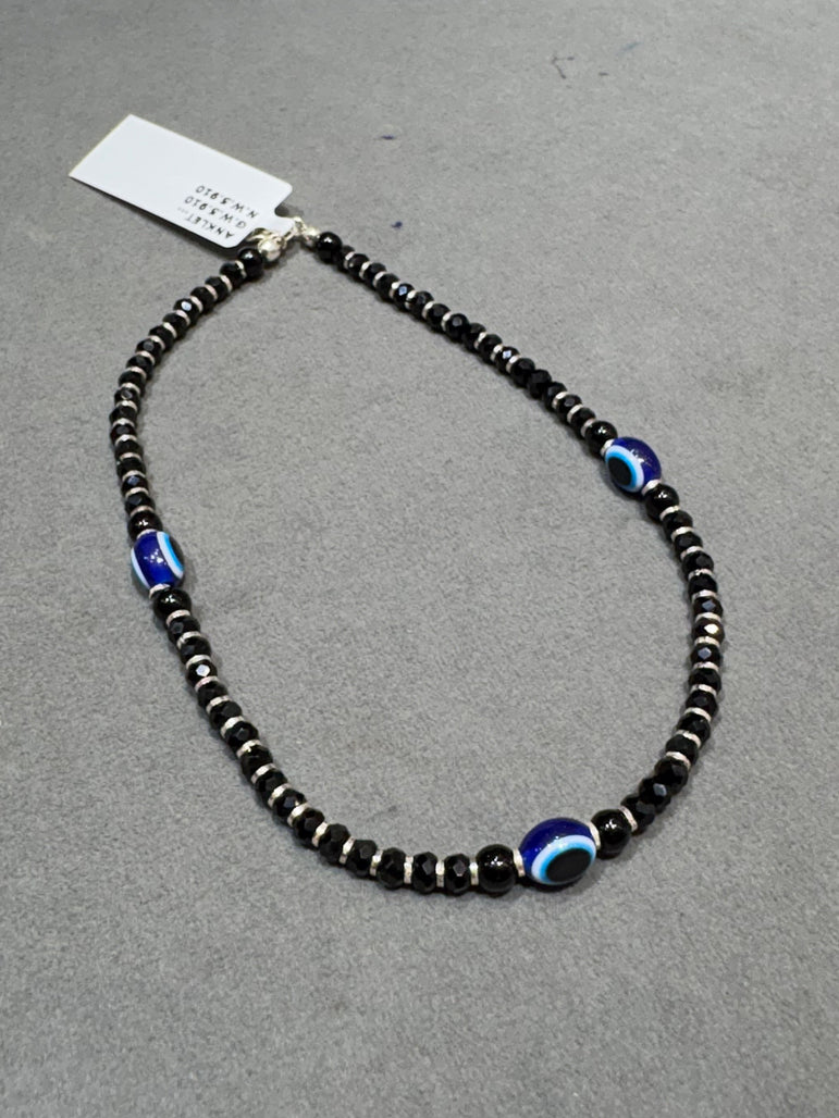 Faceted Black Bead Multi-Evil Eye Anklet Pair