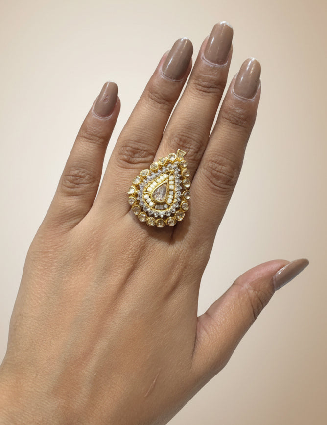 Pear-Cut Moissanite Polki & Pearl Cluster Statement Ring