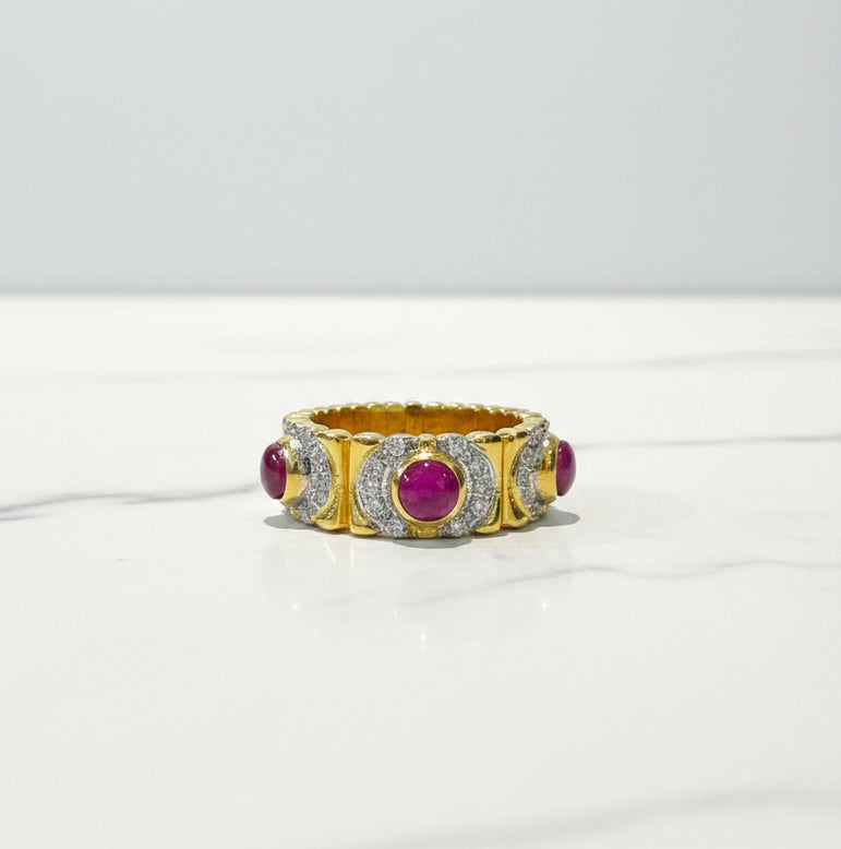 Ruby Cabochon Pavé Band Moissanite Diamond Ring