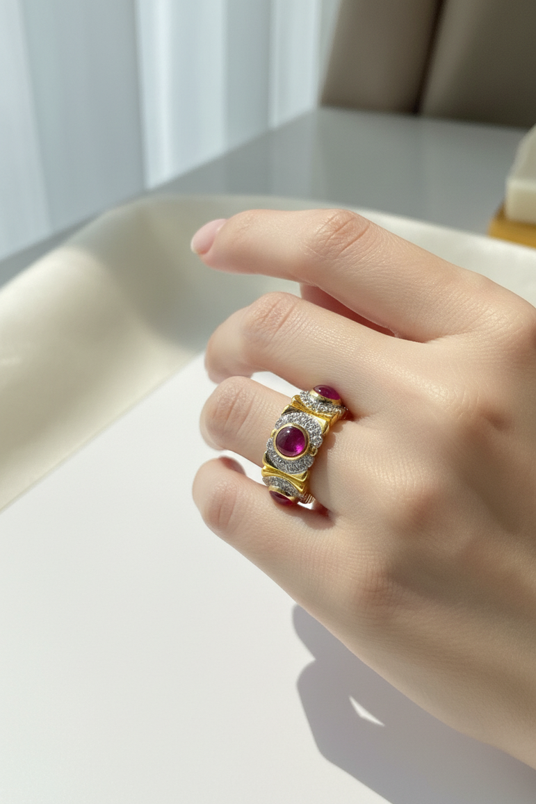 Ruby Cabochon Pavé Band Moissanite Diamond Ring