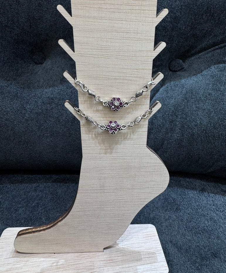 PURE SILVER ANKLET WITH PINK FLOWERS ( 1 PAIR )