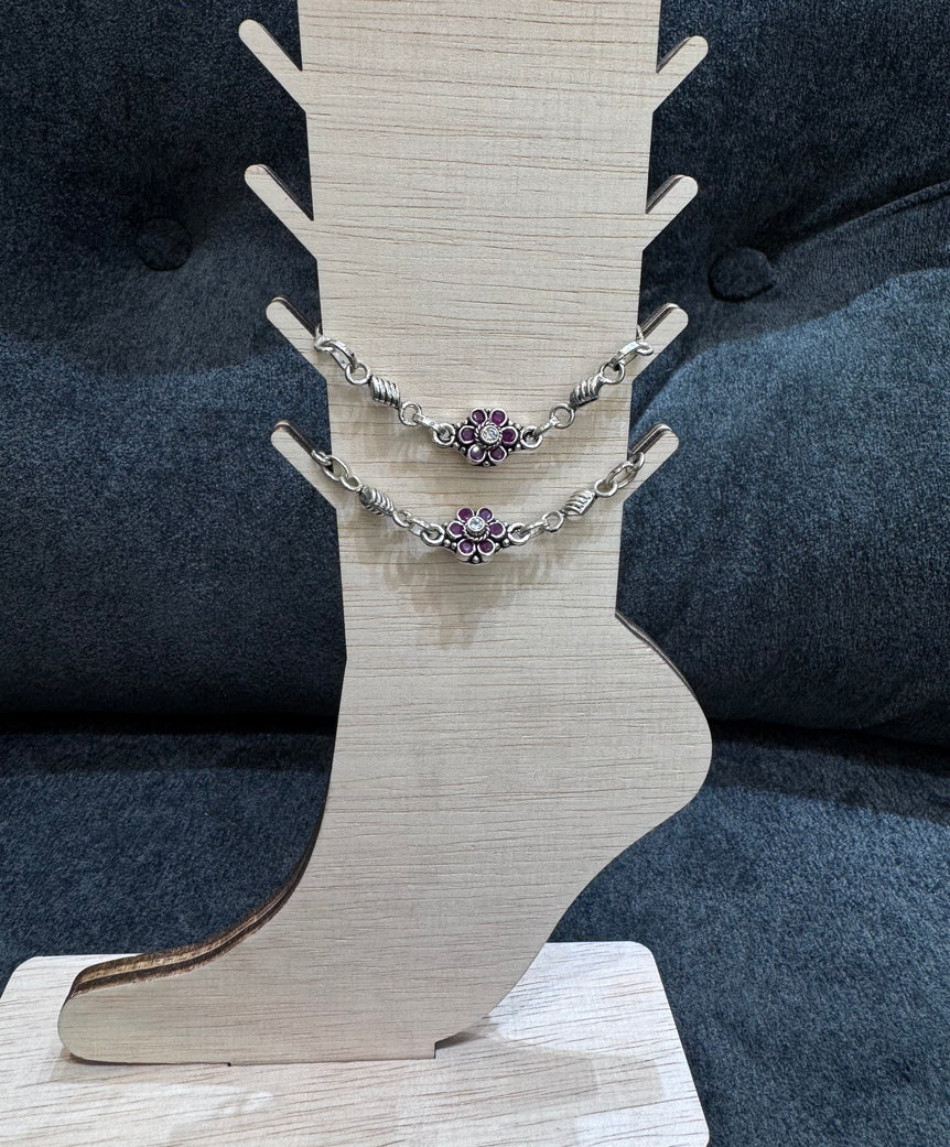 PURE SILVER ANKLET WITH PINK FLOWERS ( 1 PAIR )
