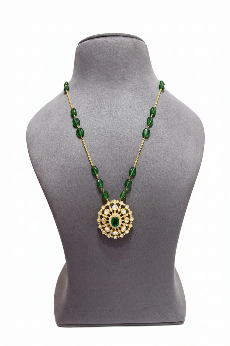 Emerald Green Moissanite Polki Pendant Set