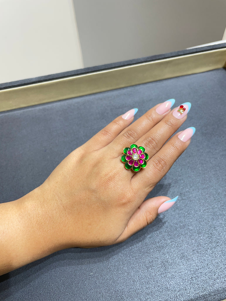 925 Silver Small Floral Gold Look Ring