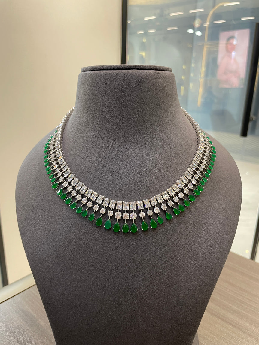925 Silver Emerald Drops Moissanite Diamond Necklace Set