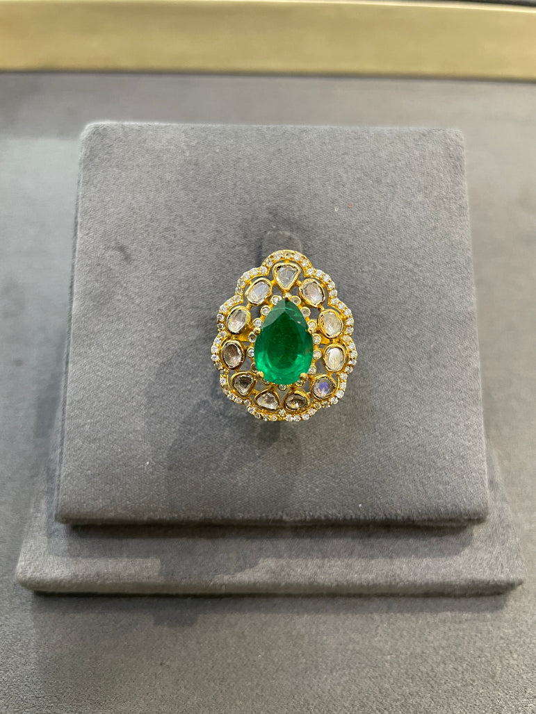 925 Silver Emerald Polki Ring