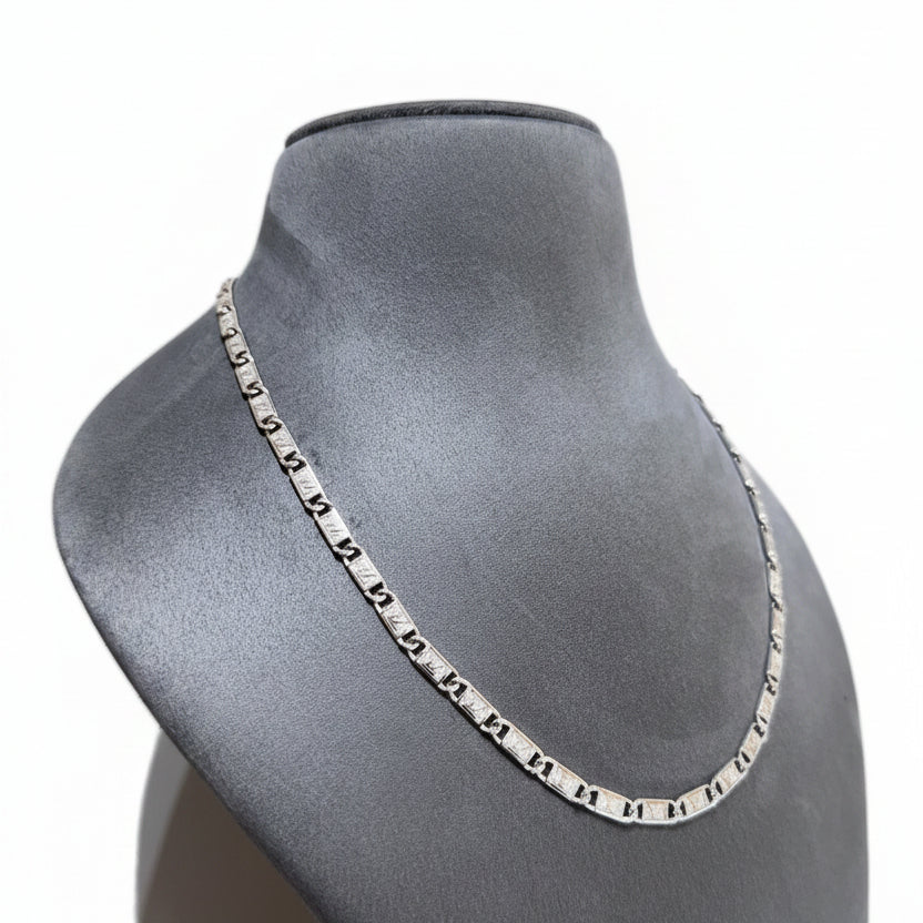 Silver LV-Inspired Pattern Block Link Men's Chain