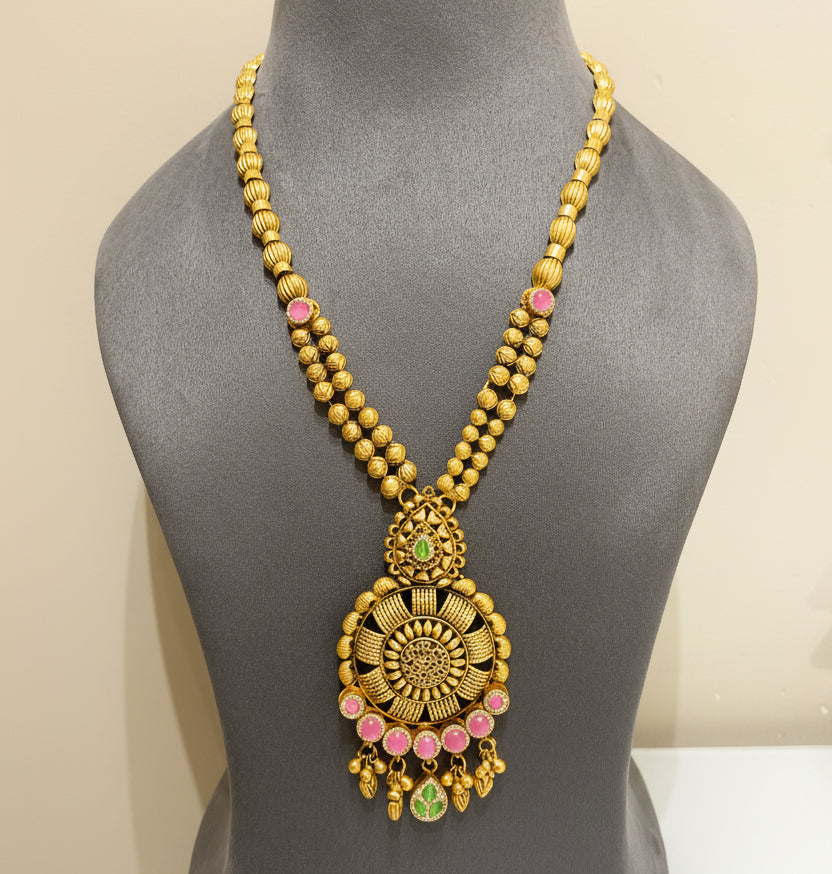 Antique Gold Dual-Strand & Pink-Green Medallion Set